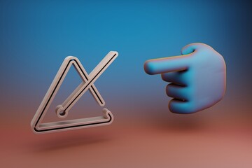 Poster - Beautiful illustrations abstract Hand index finger points to Music Triangle symbol icon on a multicolor bright background. 3d rendering illustration. Background pattern for design. Musical object.