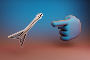 Poster - Beautiful illustrations abstract Hand index finger points to Hevy Metal Electric Guitar symbol icon on a multicolor bright background. 3d rendering illustration. Background pattern for design.