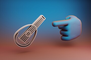 Poster - Beautiful illustrations abstract Hand index finger points to Inclined Mandolin symbol icon on a multicolor bright background. 3d rendering illustration. Background pattern for design. Musical object.