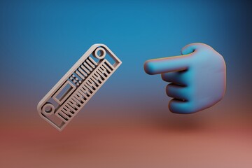 Poster - Beautiful illustrations abstract Hand index finger points to Long Synthesizer symbol icon on a multicolor bright background. 3d rendering illustration. Background pattern for design. Musical object.