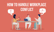 © IMG visuals characte - How to handle workplace conflict flat vector banner template. Crisis management for team poster, leaflet printable color designs. Editable flyer page with text space. Bebas Neue Bold font used