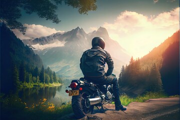  a man sitting on a motorcycle on a road near a lake and mountains with a sunset in the background. generative ai