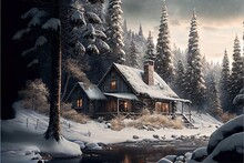 A Cabin In The Woods With A Stream And Snow Covered Ground And Trees Around It.