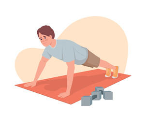 Wall Mural - Man doing push up exercise 2D vector isolated illustration. Male following online workout. Training flat character on cartoon background. Colorful editable scene for mobile, website, presentation