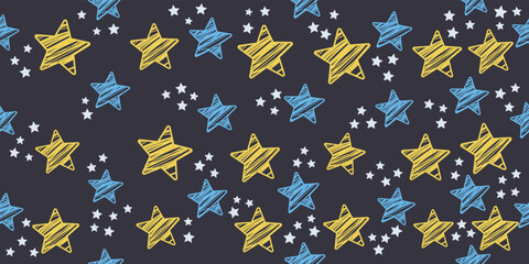 Poster - Blue and yellow stars drawn and scribbled. Children's drawing of stars for wallpaper and gift wrapping. Starry seamless pattern for print and interior design, wallpaper, gift wrapping.