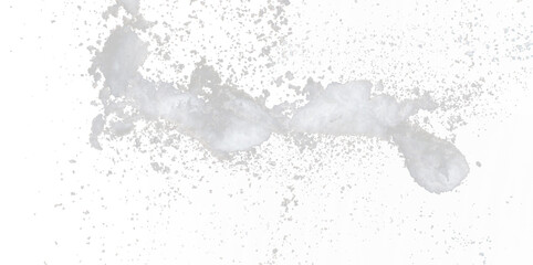 Photo image of falling down snow, heavy big small size snows. Freeze shot on black background isolated overlay. Fluffy White snowflakes splash cloud in mid air. Real Snow high speed shutter