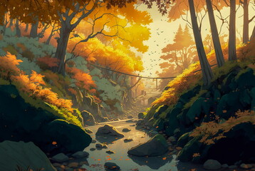 Wall Mural - Autumn in the forest at sunset