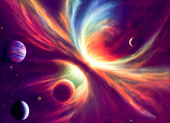 Wall Mural - Above the surface of the planet earth, a parade of planets has built up among the cosmic bodies. 3D rendering