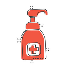 Hand sanitizer icon in comic style. Antiseptic bottle cartoon vector illustration on isolated background. Disinfect gel splash effect sign business concept.