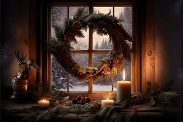 Christmas wreath decoration on dark wooden table. Green fir branches and decorative berries with glowing candle in the middle. 3d render