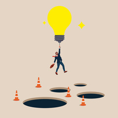 Think Successful vision with of Businessman flying with lightbulb. Symbol leadership, strategy, mission, objectives. Modern vector illustration flat design