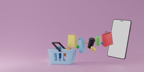 Online shopping concept with grocery fly or levitate from smartphone to basket on pink background 3D rendering illustration
