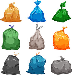 Canvas Print - trash bag set cartoon. garbage plastic, waste bin, can recycle, dustbin container, clean trash bag vector illustration