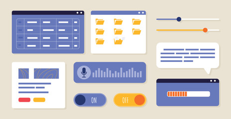 Set of user interface elements. Collection of graphic elements for website. UI and UX design for applications, software and programs. Cartoon flat vector illustrations isolated on beige background