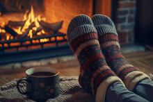 Realistic Cozy Scene In Front Of A Fireplace. There Is A Lit Tree Outside The Window. We Can See The Feet Of A Person Propped Up In Fuzzy Socks. There Is A Candle And Cup Of Coffee, Tea,generative Ai