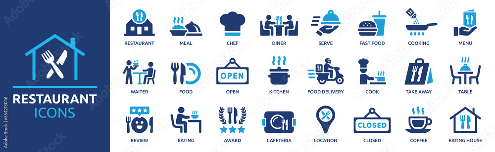 Restaurant icon set. Restaurant business and food delivery icon concept ...