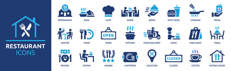 restaurant icon set. restaurant business and food delivery icon concept, containing server, meal, co