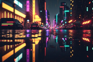Aufkleber - Futuristic night city. Urban landscape on a dark background with bright and glowing neon purple and blue lights and reflection from puddles. AI