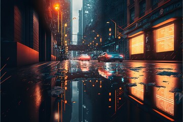 Aufkleber - Futuristic night city. Urban landscape on a dark background with bright and glowing neon purple and blue lights and reflection from puddles. AI