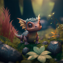 Cute Baby Dragon In A Fairytale Forest Generated With AI