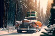 Vintage Car With Gift Boxes In A Snowy Forest