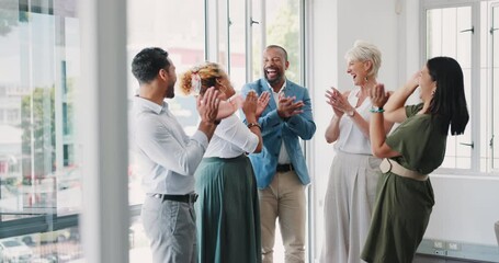 Poster - High five, applause and teamwork of business people in office for team building. Celebration, collaboration and group of happy staff clapping for support, motivation and success in workplace meeting.