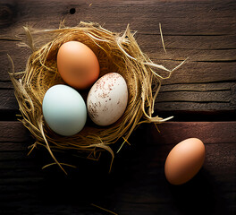 eggs in a nest on wooden background arrangement, easter concept 