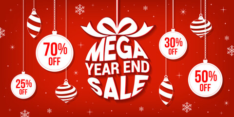Mega Year End Sale on red banner background vector illustration. Holidays sale. Christmas ornaments