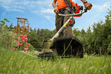 Fototapeta  - he gardener mows the grass in the garden with a brushcutter
ogrodnik kosi trawę w ogrodzie wykaszarką