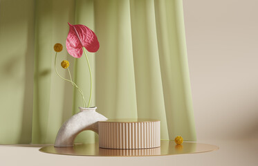 Wall Mural - 3D display podium beige background with curtain. Pink flower in stone vase. Nature Blossom minimal pedestal for beauty, cosmetic product presentation. Summer and spring copy space template 3d render
