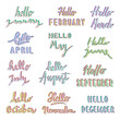 Set of Hello months of the year with rainbow patterns