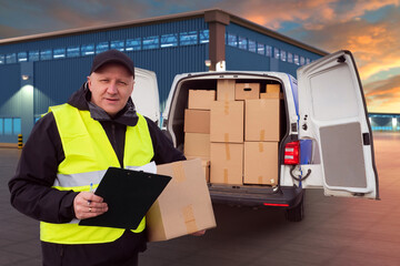Wall Mural - Man courier near minivan. Delivery man near warehouse hangars. Courier company employee with clipboard. Guy courier picks up parcels from warehouse. Delivery man in reflective vest looking at camera