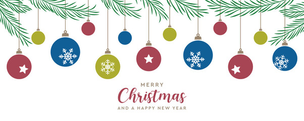 merry christmas card with hanging ball decoratoin and fir branches