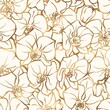 Golden orchid seamless pattern. Outline hand drawn dendrobium flowers endless background.