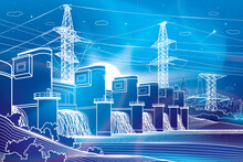 Hydro Power Plant. River Dam. Renewable Energy Sources. Neon Glow. High Voltage Transmission Systems. Electric Pole. Power Lines. City Energy Infrastructure Industrial Illustration. Vector Design Art