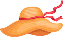Straw Hat Summer Cartoon. Sun Farmer, Fashion Beach, Accessory Wear, Country Object, Woven Yellow, Head Traditional Straw Hat Summer Vector Illustration
