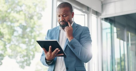 Aufkleber - Businessman, tablet and thinking or reading online news, email communication or notification in office. Black man, digital tech device and working on online web conversation or research planning