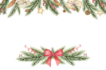 watercolor christmas card with festive decor and place for text on white background. suitable for po