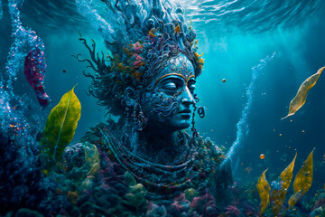 Wall Mural - lord krishna underwater. happy janmashtami holiday indian festival greeting background. image create