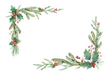 Watercolor Christmas  With Fir Branches And Place For Text. Illustration Isolated On Transparent Background.