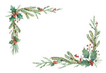 Wall Mural - watercolor christmas with fir branches and place for text. illustration isolated on transparent back