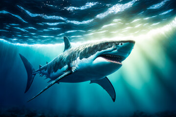 Wall Mural - Great White Shark Underwater.  Image created with Generative AI technology.