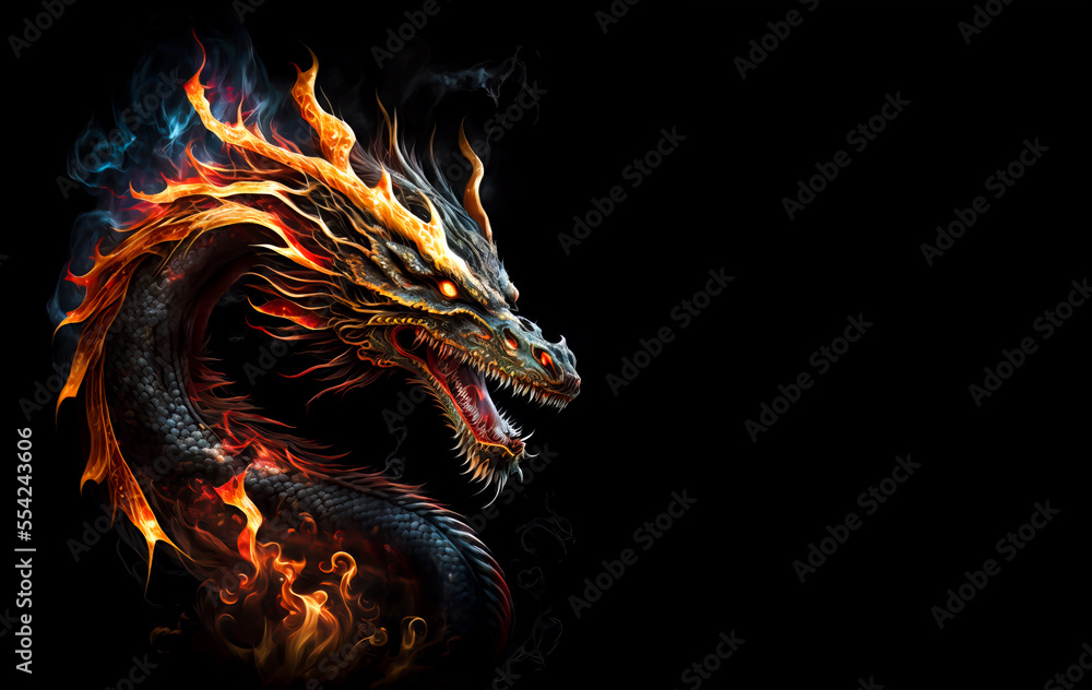 Fire dragon head on a black background. Generative AI Illistration of ...