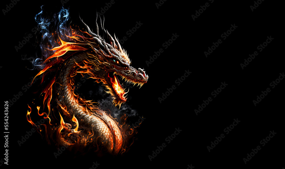 Fire dragon head on a black background. Generative AI Illistration of ...