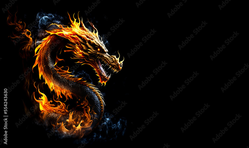 Fire dragon head on a black background. Generative AI Illistration of ...