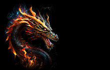 Fire Dragon Head On A Black Background. Generative AI Illistration Of Ancient Dragon On Black Background. Dragons Background. Place For Text.