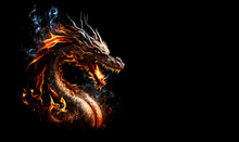 Fire Dragon Head On A Black Background. Generative AI Illistration Of Ancient Dragon On Black Background. Dragons Background. Place For Text.