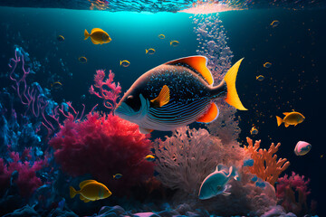 Wall Mural - Underwater wild world.  Tropical fishes.  Image created with Generative AI technology.