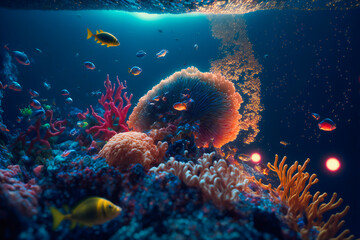 Wall Mural - Underwater wild world.  Tropical fishes.  Image created with Generative AI technology.