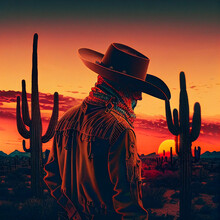 Silhouette Of Cowboy Riding Horse At Sunset In Desert With Cactus. Generated AI